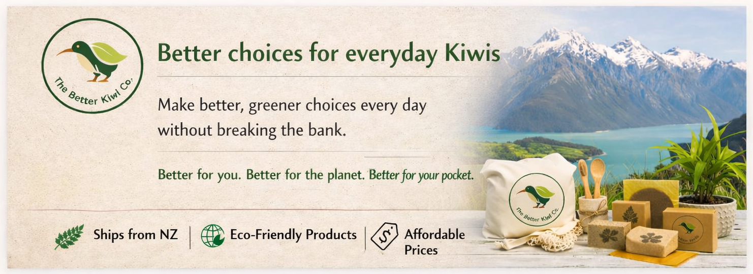 Promotional banner for 'The Better Kiwi Co.' with eco-friendly products and scenic background.